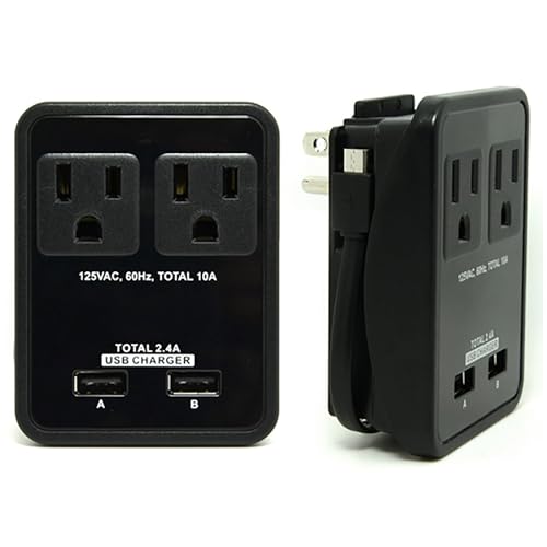 RND Compact Power Station 2.4 Amp Dual USB Ports, 2 AC Outlet Wall Charger (black) - color: Black