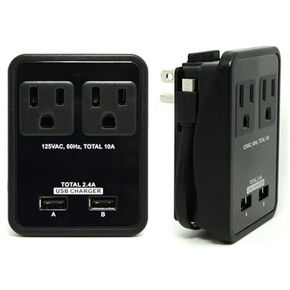 RND Compact Power Station 2.4 Amp Dual USB Ports, 2 AC Outlet Wall Charger (black) - color: Black