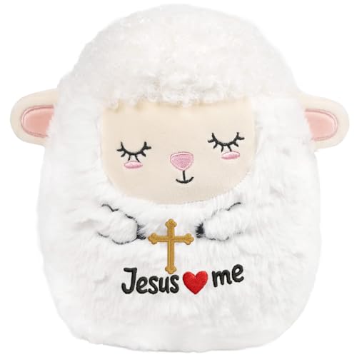 Lamb Jesus Plush Toy: 8-Inch Soft Holiness Sheep Stuffed Animal with Jesus Loves Me and Cross Embroidery, Baptism and First Communion Gifts, Christian Prayer Pillow for Kids Baby Girls Boys - style: Jesus Lamb