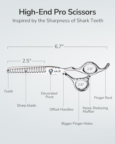 ULG Hair Thinning Scissors 6.7” Shark Series 100% Japanese Stainless Steel, Offset Handle, 16-Tooth Fishbone Chunker 45% Hair Removal, Professional Barber Layering Shears for Salon & Home Hair Styling - color: Blue01