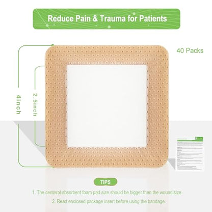 NeuHeils Silicone Foam Dressing with Border 4''x4'', 40 Pack for Bed Sores - size: 4''x4'' (40 Pack)