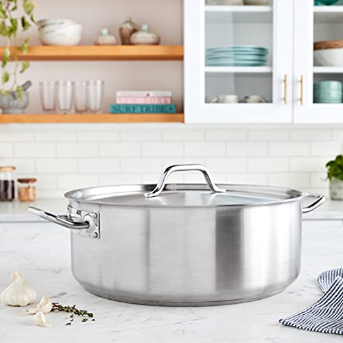 Winco 20 qt Stainless Steel Brazier Pan with Lid | Flat bottom, Wide base, Riveted handles, Induction safe, Great for Braising, Simmering, Batch Cooking and Restaurant Kitchens - size: 20 Quarts