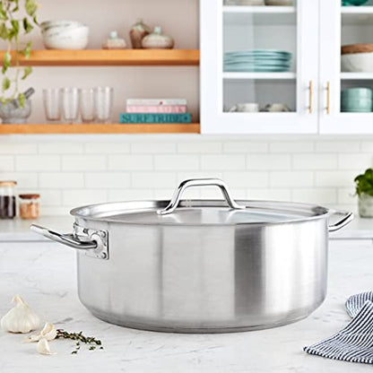Winco 20 qt Stainless Steel Brazier Pan with Lid | Flat bottom, Wide base, Riveted handles, Induction safe, Great for Braising, Simmering, Batch Cooking and Restaurant Kitchens - size: 20 Quarts
