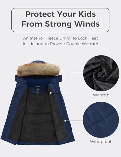 wantdo Girls' Waterproof Winter Coat Long Puffer Jacket Warm Parka Hooded - color: Navy, size: 8