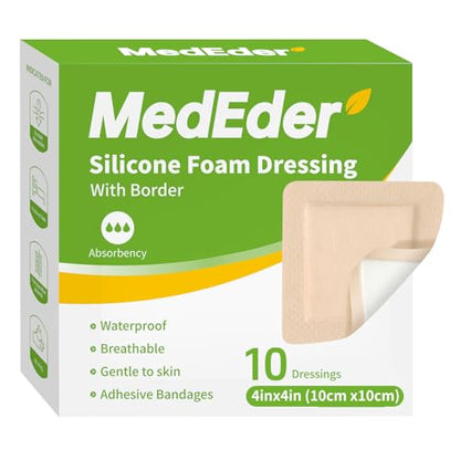 Silicone Foam Dressing 4x4 with Adhesive Border Waterproof 10 Pack - size: 4" x 4"(10 PCS)