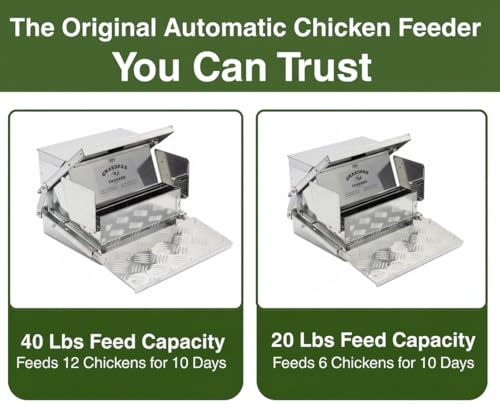 Grandpas Feeders Automatic Chicken Feeder - 20 lbs No Waste Poultry Feeder, Rat Proof & Rodent Proof Treadle Chicken Feeder, Galvanized Steel with Lid, Feeds 6 Chickens up to 10 Days - size: Standard