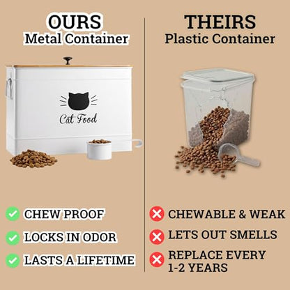 Metal Cat Food Container with Scoop, 15lb (50 Cup) w/ Airtight Bamboo Lid - color: White