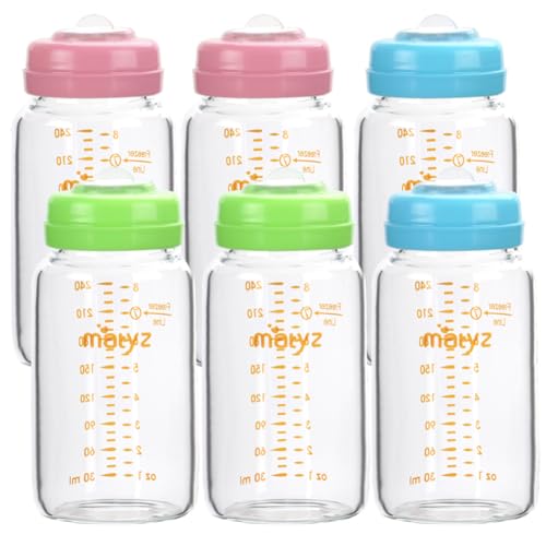 Matyz 유리 모유 보관 병, 6팩, 226.8g(8온스), Spectra Medela 유축기와 호환 - 냉동고 안전 보관 병 세트 - 넓은 입구 모유 보관 용기 - BPA 프리(3가지 색상 뚜껑) - color: [6개 팩] 3가지 색상 뚜껑 - 226.8g(8온스) 붕규산 유리 병