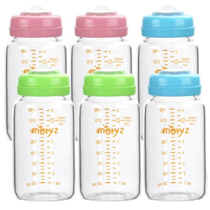 Matyz 유리 모유 보관 병, 6팩, 226.8g(8온스), Spectra Medela 유축기와 호환 - 냉동고 안전 보관 병 세트 - 넓은 입구 모유 보관 용기 - BPA 프리(3가지 색상 뚜껑) - color: [6개 팩] 3가지 색상 뚜껑 - 226.8g(8온스) 붕규산 유리 병