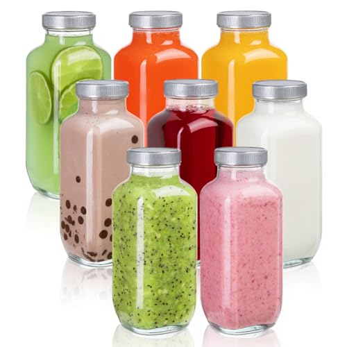 umud Juice Bottles with Lids, 16 Oz - Set of 8 - Clear Glass Jars with Caps - Reusable Empty Drink Containers for Juicing, Smoothies, Water, Milk, Kombucha Storage, Wellness Shots and More (8)