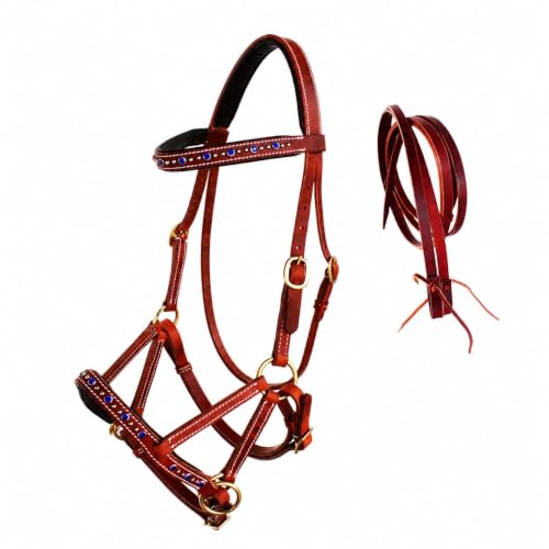 Horse Western Leather Beaded Bitless Sidepull Bridle Reins Rhinestone - color: Tan/Royal Blue