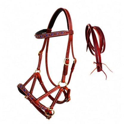 Horse Western Leather Beaded Bitless Sidepull Bridle Reins Rhinestone - color: Tan/Royal Blue