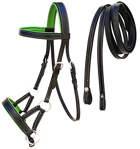 CHALLENGER Horse Western Brown Leather Training Tack Bitless Sidepull Bridle Reins 7711 - color: Black/Green, size: Full