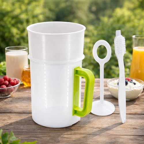Podoy Multiple Usage Food Strainer Yogurt Strainer Maker 1.5 Quart | Stainless Steel Mesh Filter for Greek Yogurt Nut Milk Soy Milk Juice Tea, Includes Pitcher Press Stick & Cleaning Brush