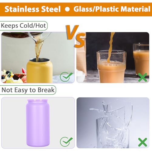 16oz Stainless Steel Can Tumblers, 16 Pack Insulated Beer Can Glass Cups with Lids and Straws, Iced Coffee Cup for Smoothie, Juice, Soda, Milk, Multiple colors
