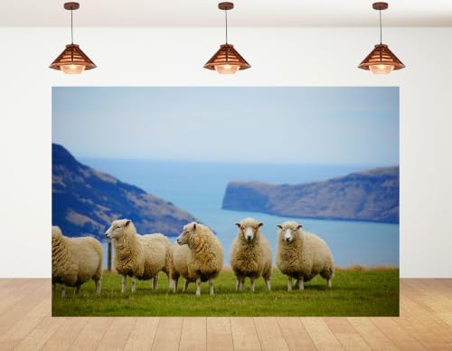 10x8ft Fabric Coastal Grassland Backdrop Wool Sheep Ocean Bay Hills Photography Background Tapestry Party Farm Countryside Scenery Decorations Banner Photo Booth Props - size: 10x8ft