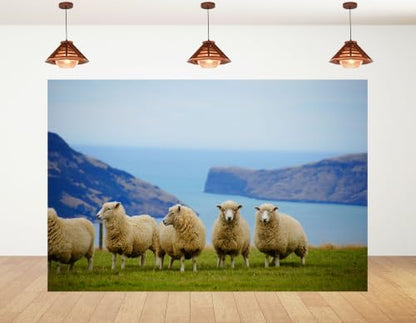 4x4ft Fabric Coastal Grassland Backdrop Wool Sheep Ocean Bay Hills Photography Background Tapestry Party Farm Countryside Scenery Decorations Banner Photo Booth Props - size: 4x4ft