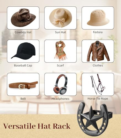 Cowboy Hat Rack for Wall, 6 Pack Iron Horseshoe Star Hooks, Black - color: Black