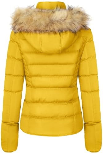 BodiLove Women's Fur Hooded Thickened Jacket with Fleece Lining - color: Sunflower, size: Medium