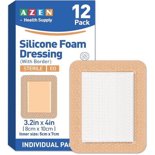 AZEN 12 Pack Silicone Foam Dressing, 3.2" X 4" Waterproof Silicone Bandages with Border Adhesive, Large Bandages for Wounds, Self Adhesive Wound Care and Dressings - color: 12p