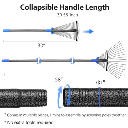 Adjustable Metal Leaf Rake Long Handle, Garden Rakes for Lawns Heavy Duty Leaves with Expandable Head 8-17", Yard Women Kids Rake for Gardening RV Camping