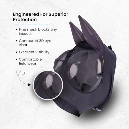 FlyGuard Pro Stretch Fly Mask with Ears | Extra Full Size | Ultra‑Comfort Fit | 3D Dome Eye Mesh | 70% UV Blocking, Breathable Stretch Fabric | Full‑Coverage Fly & Midge Protection - Jet Color - size: Extra Full