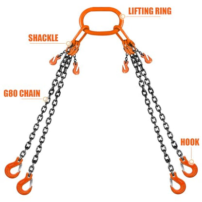 Lift Chain Sling with Hooks 10Ft 4 Way x 5/16 inch 11000lbs 5 Ton for Chains Lifting