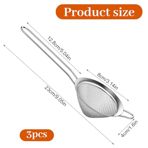 3 PCS Small Strainer, Stainless Steel Small Fine Mesh Strainer with Handle Sieve Sifter Tool for Kitchen Bar Food Loose Leaf Cocktail Juicing, Silver