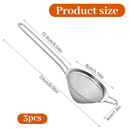 3 PCS Small Strainer, Stainless Steel Small Fine Mesh Strainer with Handle Sieve Sifter Tool for Kitchen Bar Food Loose Leaf Cocktail Juicing, Silver