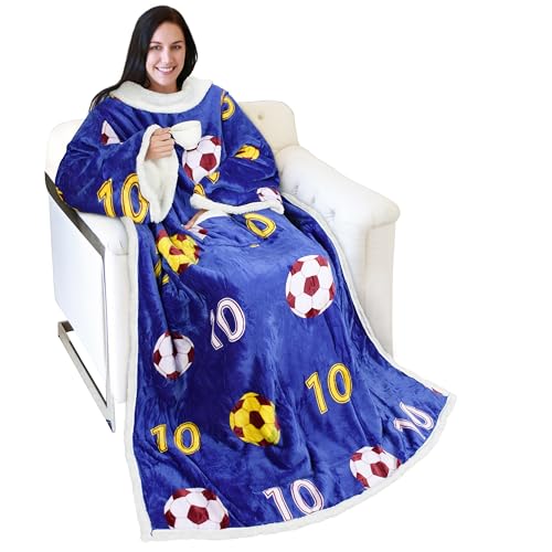 Catalonia Sherpa Wearable Blanket with Sleeves and Pocket for Adults - color: Soccer Team Blue, size: Standard Pocket