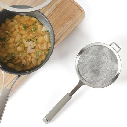 Calphalon Edge Stainless Steel Mesh Strainer with Thermoplastic Rubber Handle, Fine Kitchen Sieve for Draining, Rinsing, Sifting & Food Prep Tasks, Taupe - color: Taupe w/ Rubber Handl (Edge - Strainer)