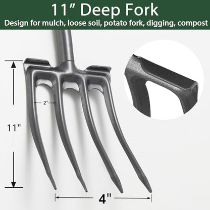 Pitch Fork, Metal Broadfork Garden Tool Long Handle, 4 Tine Mulch Hay Manure Digging Bedding Hay Potato Garden Fork Shovel for Gardening Loosening Soil Compost - size: 45"