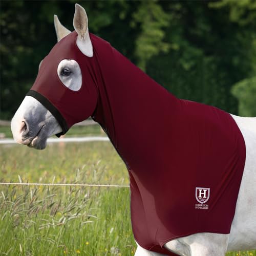 Harrison Howard Stretch Hood No Eye/Ear Covers Head, Shoulders, Mane, Chest, Withers Perfect for Show/Event Preparation-Burgundy L - color: Burgundy, size: Full (Large)