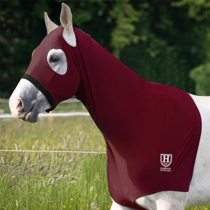 Harrison Howard Stretch Hood No Eye/Ear Covers Head, Shoulders, Mane, Chest, Withers Perfect for Show/Event Preparation-Burgundy L - color: Burgundy, size: Full (Large)
