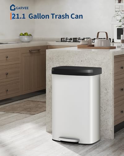 Garvee 21 gal / 80 L Metal Trash Can with Lid, Large Garbage Can for Kitchen, Rustproof Step-on Kitchen Metal Trash Bin with Liner Rim, Rear Handle, Soft Close Plastic Lid, White - color: White, size: 21.1 Gallons