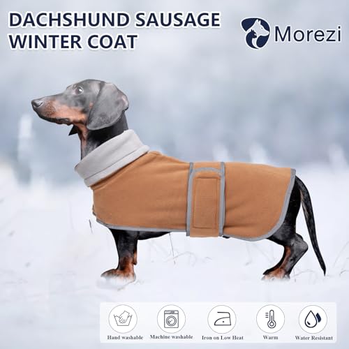 Dachshund Coats Sausage Dog Fleece Coat in Winter Miniature Dachshund Clothes with Hook and Loop Closure high vis Reflective Stripe Safety Brown M - color: Brown, size: Medium(Back: 17"-18"in)