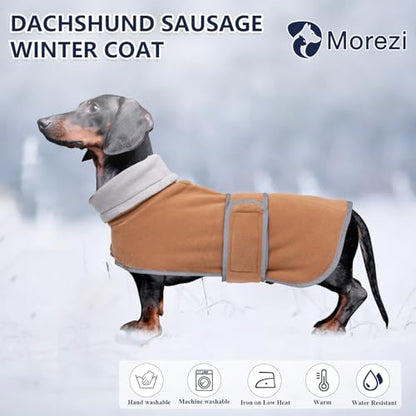 Dachshund Coats Sausage Dog Fleece Coat in Winter Miniature Dachshund Clothes with Hook and Loop Closure high vis Reflective Stripe Safety Brown M - color: Brown, size: Medium(Back: 17"-18"in)