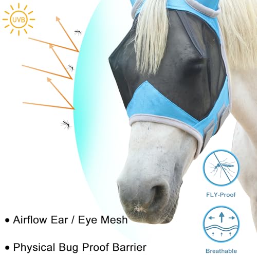 Horse Fly Mask with Ears, Breathable Fine Mesh Pale Blue Pony - color: Pale Blue, size: Pony