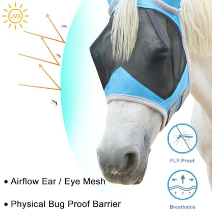 Horse Fly Mask with Ears, Breathable Fine Mesh Pale Blue Pony - color: Pale Blue, size: Pony