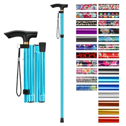 supregear Folding Cane, 5-Level Adjustable Height Walking Stick Lightweight Collapsible Portable Travel Cane with Wrist Strap and T Handle for Elderly Disabled Men Women - color: Blue