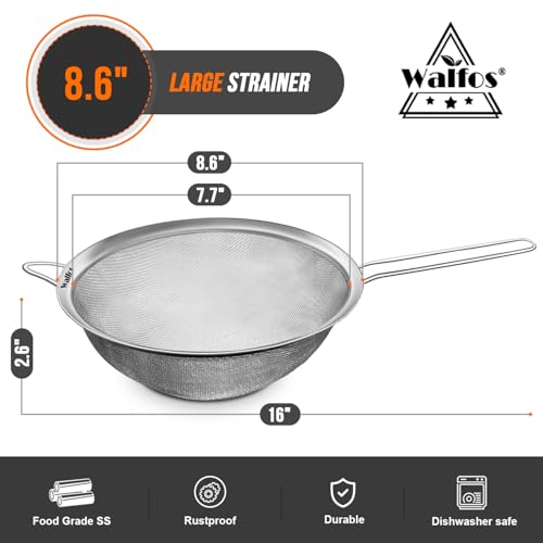 Walfos 8.6 Inch Large Fine Mesh Strainer, Kitchen Metal Food Strainers with Sturdy Handle, Stainless Steel 30 Mesh Sieve Sifters for Rice, Quinoa, Pasta, Fruits, Vegetables, etc. - size: 8.6"