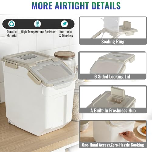 Rice Container 25 lbs Large Bulk Flour Sugar Storage Holdhouse Plastic Grain Cereal Dry Goods Bin with Spoon and Measuring Cup for Kitchen Pantry Organization - Grey - color: Grey