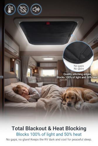 RV Skylight Cover, Reflective Aluminum Film Sun Shade Insulator, Oxford Cloth Foldable Magnet No Drill Roof Vent Blocker, Universal Camper Ceiling Window Screen for Most RVs (Black+Silver)
