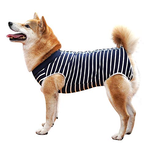Dog Recovery Suit Abdominal Wound Puppy Surgical Clothes Post-Operative Vest Pet After Surgery Wear Substitute E-Collar & Cone(XL, Blue Stripe) - color: Blue Stripe, size: X-Large (Pack of 1)