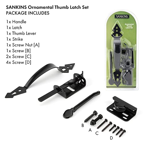 Thumb Gate Latch Hardware for Wooden Fence Heavy Duty, Self Closing Door Latches with 8" Decorative Handle, Gate Lock Kit for Outdoor Garden, Pool, Metal Gate, Vinyl Fence, Steel, Black Finish