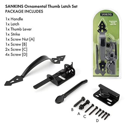 Thumb Gate Latch Hardware for Wooden Fence Heavy Duty, Self Closing Door Latches with 8" Decorative Handle, Gate Lock Kit for Outdoor Garden, Pool, Metal Gate, Vinyl Fence, Steel, Black Finish