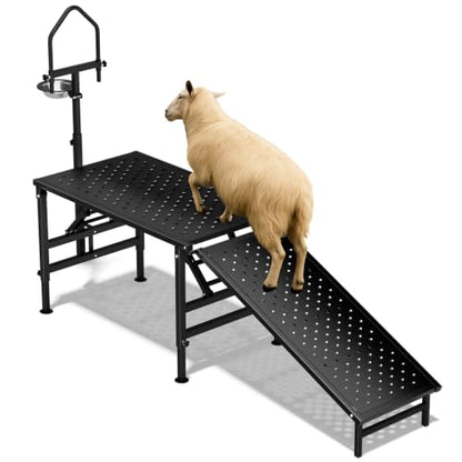 Goat Milking Stand with a Ramp, Metal Goat Stand with Feed Bin, 600LBS Livestock Trimming Stand with Height Adjustable, Sturdy Sheep Stand for Goats and Lambs, Black.
