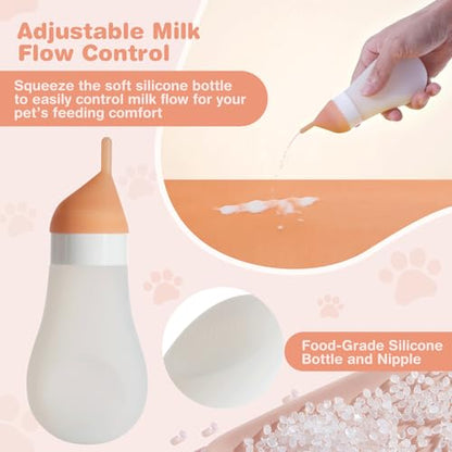 Silicone Kitten/Puppy Feeding Bottle, Squeezable, 3.2oz White | Soft silicone squeezes to control flow. Anti-choke vent. Kit includes syringe, extra nipples, needles for safe feeding.