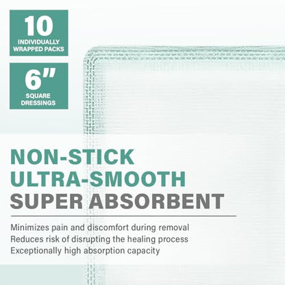 EVERLIT CARE EquiFlow Super Absorbent Dressing for Heavily Exuding Wound | Fast-Absorbing Non-Adhesive Polymer Dressing with Nonstick Gauze Pad | High Absorption & Retention | Pack of 10 (6" x 6") - size: 6" x 6"
