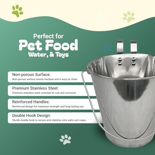 9 Quart Stainless Steel Bucket with Dual Hook | Perfectly Fits on Kennels, Cages and Critter Crates | Heavy Duty Bucket for Pets Cleaning & Food Prep - Flat Sided Pail - size: 9 Quart - Hooked